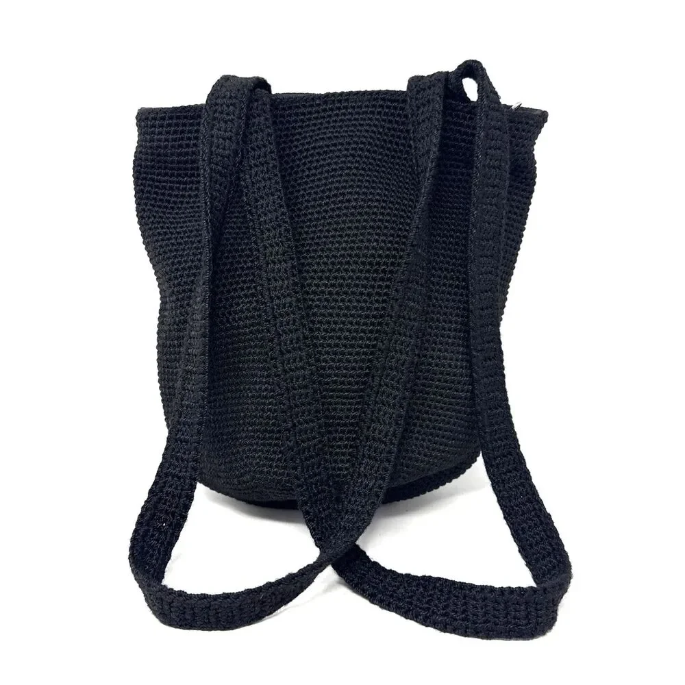 The Sak Crochet Hobo Bucket Bag Black Double Shoulder Strap Boho Euro Summer